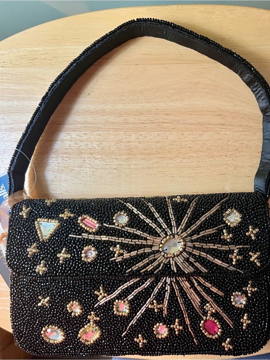 Marshalls Handbags - Marshalls Black Beaded Shoulder Bag with Gold & Pink Accents